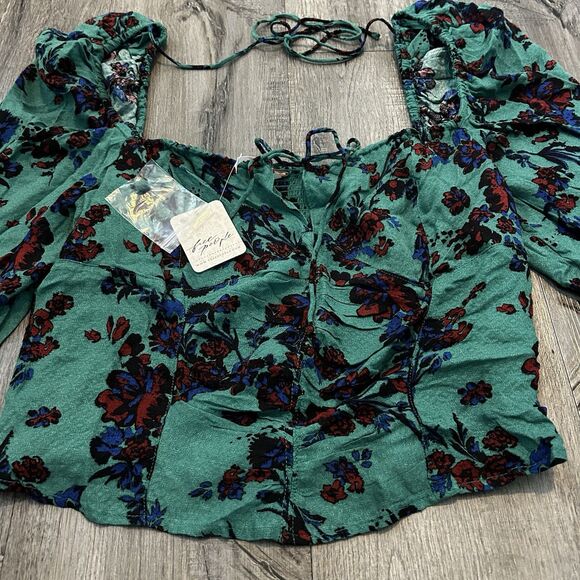 Free People Hilary Printed Top Medium Green Combo Smocked Long Sleeve Blouse - Picture 2 of 8